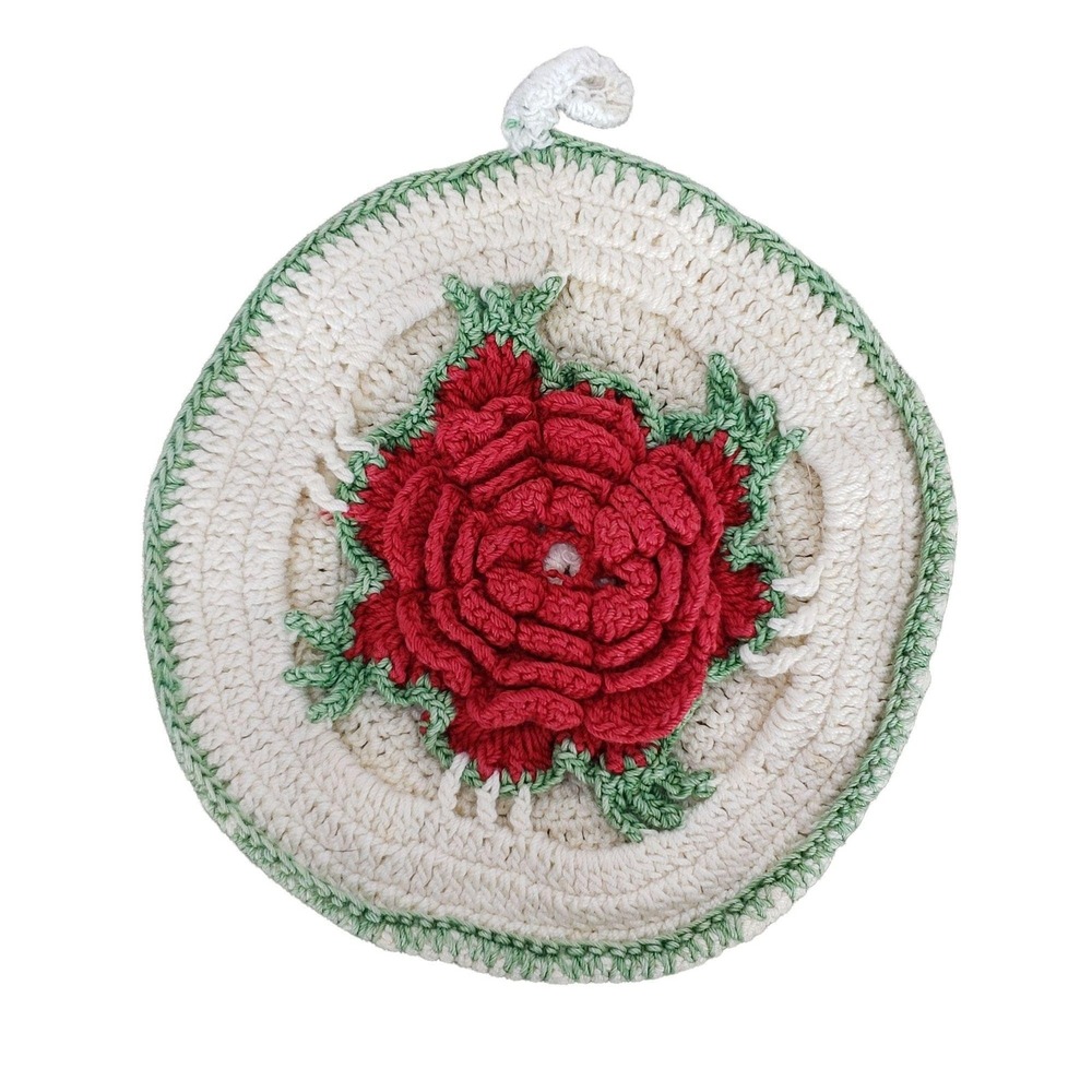 Handmade Round Crochet Pot Holder With Rose Design - Red Green & Cream Colors Pe